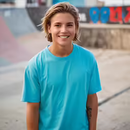 a boy in a turquoise shirt posing for a picture