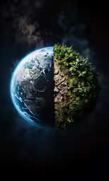 a tree covered earth on the bottom of a blue planet