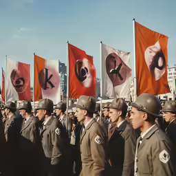 people standing in line with flags and helmets