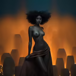 a beautiful woman in the center of several dark structures
