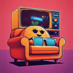 a cartoon tv with sunglasses on a chair,an illustration of a couch with glasses on it
