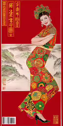 a woman in traditional dress with oriental writing,an oriental woman in a red and yellow dress