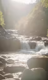 a view of a river running along a rock lined creek