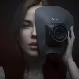 a woman holds a camera up to her face