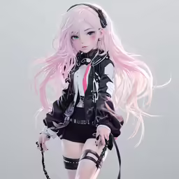 doll dressed in black and white with pink hair, leash and shoes