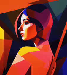 an abstract painting of a woman with a hoodie on,a painting of a woman with a hat on