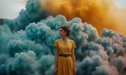 a woman is standing in front of a blue cloud