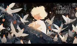 there is a woman surrounded by birds flying