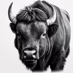a black and white image of an animal with long horns
