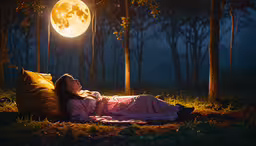 a person sleeping in the dark under a full moon,a woman laying on the ground with the moon in the background