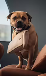 a brown dog sitting on top of a leather chair