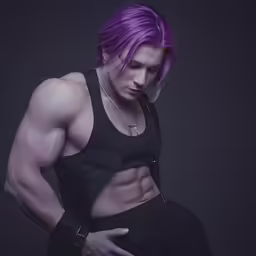 the female bodybunch shows muscles with purple hair