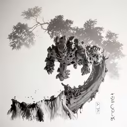 a painting showing a large tree surrounded by many smaller trees