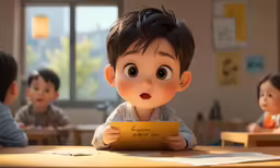a character with an expression stands at a desk in a classroom
