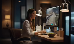 a woman looking at a monitor on her desk