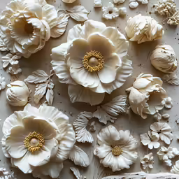 several pieces of decorative white flowers on a table