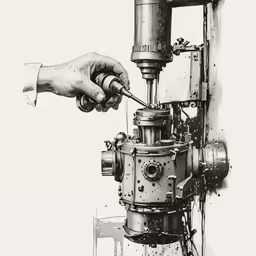 two hands are working on an old machine