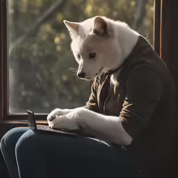 the husky dog is looking up while using a laptop