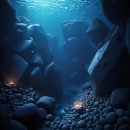 a light is shining down into the water between large rocks