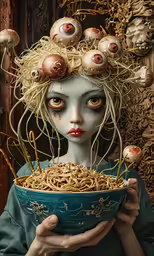 a woman holds a bowl with noodles and mushrooms in it
