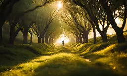 person walking on path in wooded area in bright sun