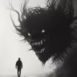a man is walking towards a giant monster with a sharp look