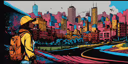 a person standing in the middle of a city,a drawing of a woman walking in a city