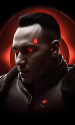 the character is wearing red glowing eyes