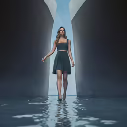 a woman walks in an otherwise empty tunnel