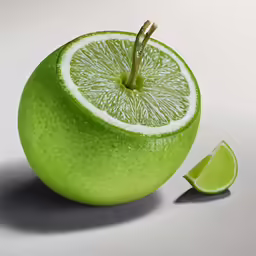 an apple shaped like a grapefruit with some lime slices