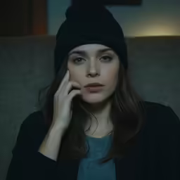 a woman sitting in a room with a black hat