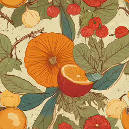 an orange slice sits on a branch near some leaves and fruit,oranges and leaves on the ground near oranges
