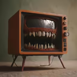 a close - up of an old television with a fake toothy smile