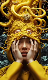 a woman is dressed in yellow and wearing a strange mask
