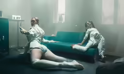 the woman is lying on the floor next to the man