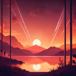 three airplanes streak across the air and in a sunset,two jets are flying over a beautiful sunset