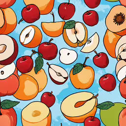 an abstract background featuring many different apples and bananas,an apple pattern on the surface of blue water
