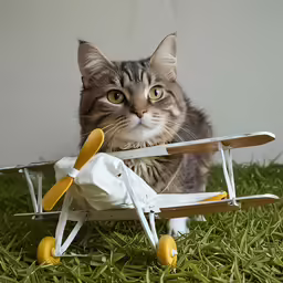 a cat is standing beside an airplane on the grass
