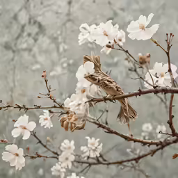a small bird is sitting on a flowering branch