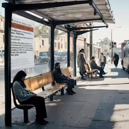 many people waiting for the bus at a busy bus stop