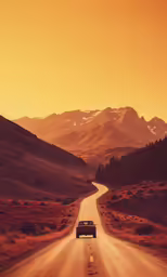 a car drives down a country road between mountains