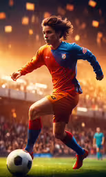 a soccer player on a field in a stadium,an artistic image of a young person in the spotlight of a soccer ball