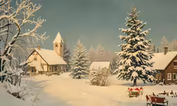 a snowy landscape with some houses and trees