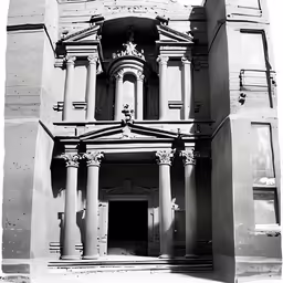 black and white photograph of a historical building with pillars