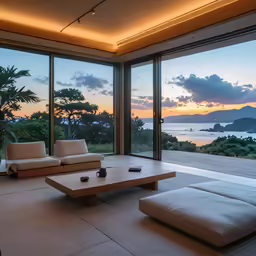 the living room has large windows and a couch