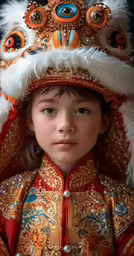 the young girl is wearing an elaborate costume