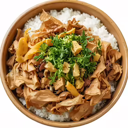 a bowl of food containing rice, beef and green veggies