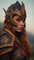 a woman dressed in medieval clothing with horns on her head