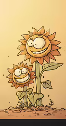 cartoon of two sunflowers together in the dirt