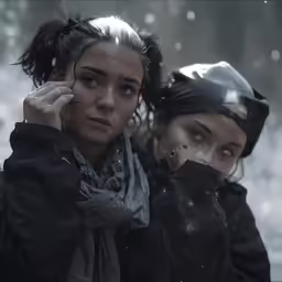 two women are outside in the snow with cold weather
